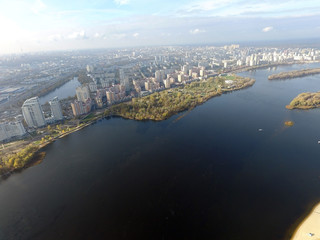 Naklejka premium Aerial drone view of Kiev cityscape, Dnepr river. (drone image). 