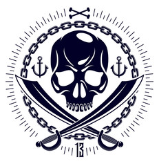Jolly Roger dead head aggressive skull, Pirates vector emblem or logo with weapons and other design elements, vintage style logo or tattoo.