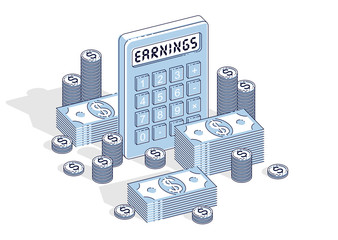 Business success and income or profit concept, calculator and money cash dollar stack and coins isolated on white background. Vector 3d isometric business and finance illustration.