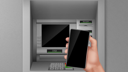 Atm and smartphone, hand holding mobile phone at automated teller machine screen. Nfc payment service online transaction and operation with money Bank finance terminal Realistic 3d vector illustration