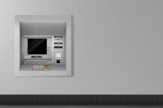 Atm machine on grey wall background, automated teller with black monitor, keypad for enter password and operation with money. Banking terminal for finance service. Realistic 3d vector illustration