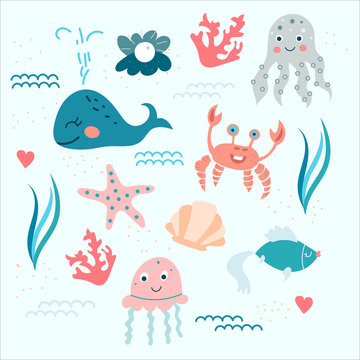 Ocean animals, Sea World, Vector Illustration in Childish Style