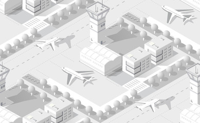 Urban isometric area with airport runway airplane