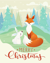 Merry Christmas card with fox and rabbit.