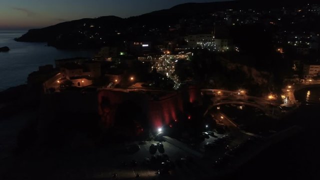 Aerial night view of the old city of Ulcinj