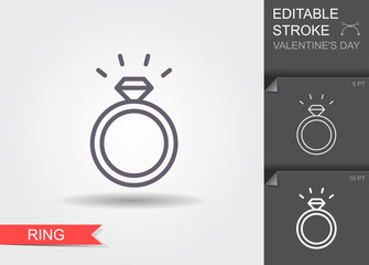 Diamond engagement ring. Line icon with editable stroke with shadow