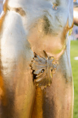 Close-up Of Gold-covered Statue With A Fig Leaf Covering Genitals. Concept Of Undercover, Concealing Flaws