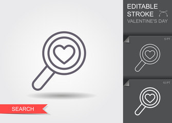 Magnifying glass with Heart. Line icon with editable stroke with shadow