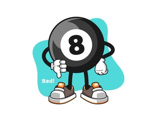 Billiard ball number 8 thumbs down cartoon. Mascot Character vector.