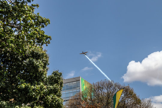 Brasilia, October 29, 2019: FAB, Brazilian Air Force, Smoke Squadron, in the sky of the Brazilian capital, a stunt show and commemorative maneuvers of Brazil Independence Day - September 7