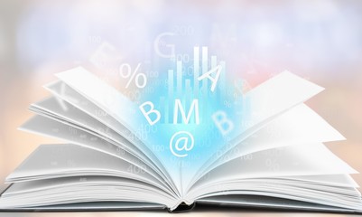 Open book isolated on white and letters