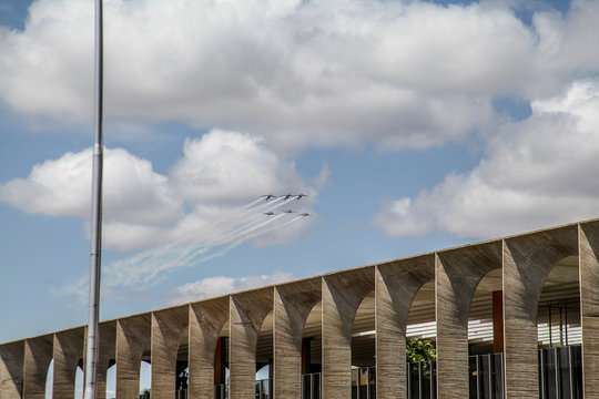 Brasilia, October 29, 2019: FAB, Brazilian Air Force, Smoke Squadron, in the sky of the Brazilian capital, a stunt show and commemorative maneuvers of Brazil Independence Day - September 7