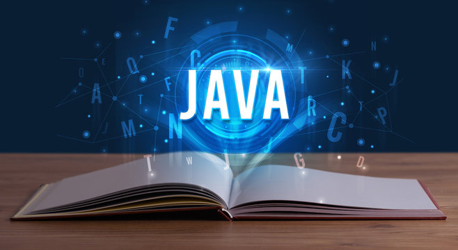 JAVA inscription coming out from an open book, digital technology concept