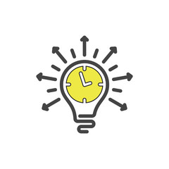 Light Bulb time line icon vector, isolated on white background. Idea time sign, solution, thinking concept. Lighting Electric clock lamp. Electricity arrows shine.