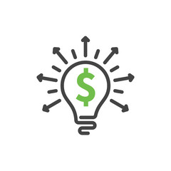 Light Bulb line icon vector with dollar inside, isolated on white background. Idea money sign, solution, thinking concept. Lighting Electric arrows lamp. Electricity, shine.
