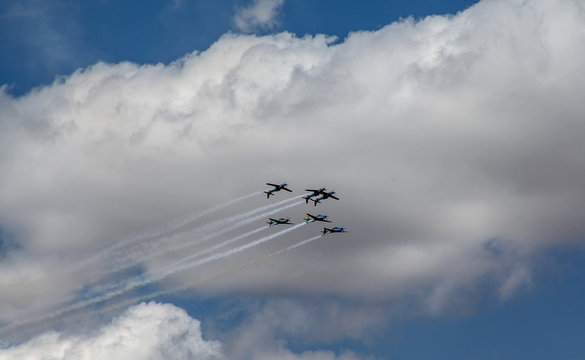 Brasilia, October 29, 2019: FAB, Brazilian Air Force, Smoke Squadron, in the sky of the Brazilian capital, a stunt show and commemorative maneuvers of Brazil Independence Day - September 7
