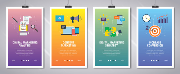 Internet banner set with marketing digital, analytics and strategy icons.