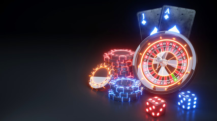 BlackJack Poker Cards, Casino Roulette Wheel Concept Design - 3D Illustration - obrazy, fototapety, plakaty