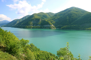Stunning view of Zhinvali or Jinvali water reservoir on the river Aragvi, Georgia