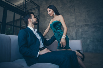 Just married. Profile photo of style trendy affectionate couple guy lady on big couch tempting...