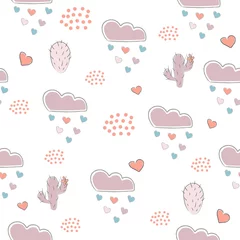 Fotobehang Seamless pattern with cute hand drawn cacti, hearts, dots and clouds raining with hearts on white background © Kristina