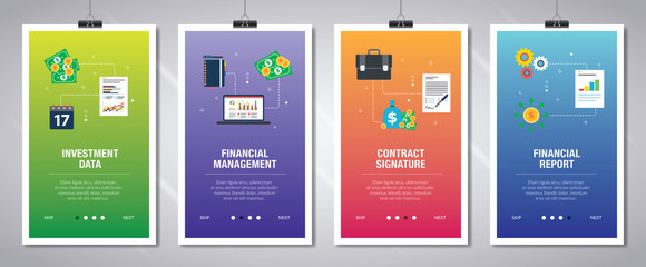 Internet banner set of contract signature, investment and business icons.