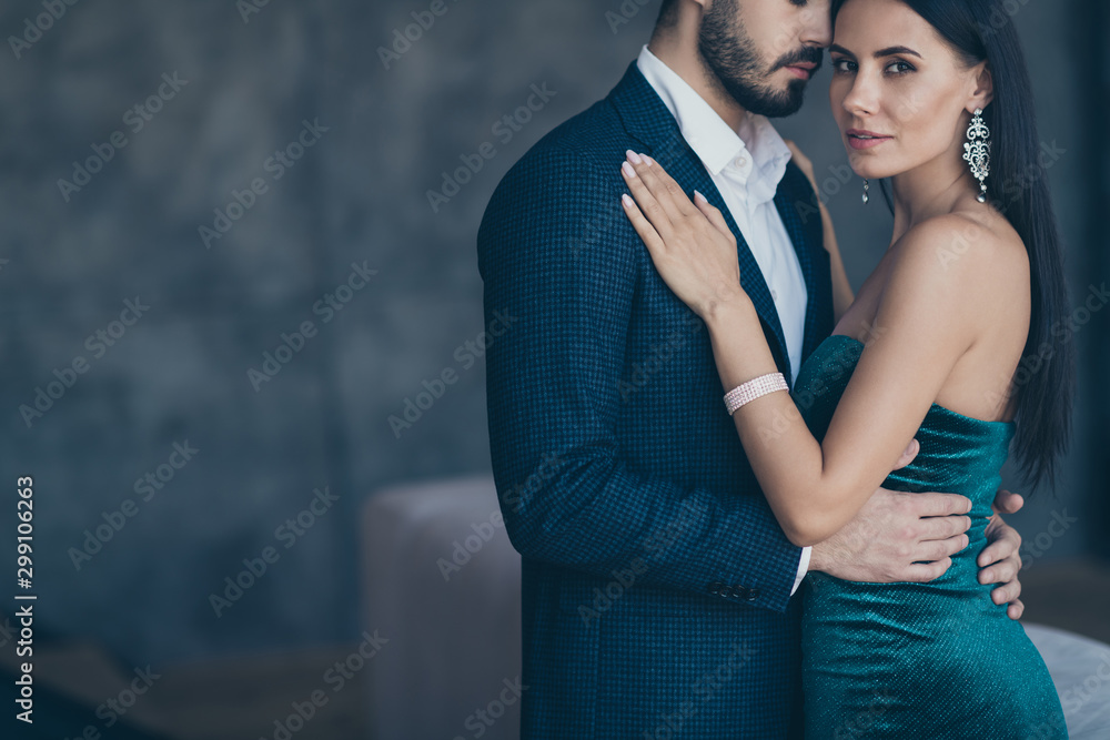 Canvas Prints Cropped profile photo of two famous stylish trendy people couple rich guy and lady standing close hugging horny romance moment wear classy formalwear suit dress indoors