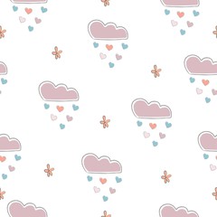 Seamless Cute Pattern with clouds raining with hearts