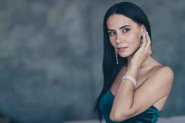 Closeup profile photo of tenderness lady touch earring ear looking side thinking about future...