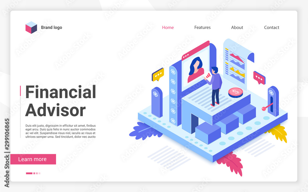 Poster financial advisor vector isometric landing page template. business strategy website homepage interfa