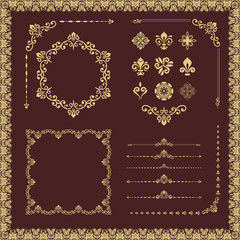 Vintage set of golden vector horizontal, square and round elements. Different elements for backgrounds, frames and monograms. Classic golden patterns. Set of vintage patterns