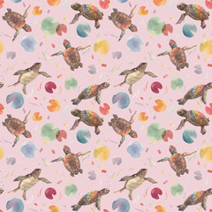 Watercolor vector rainbow small baby turtles colourful seamless pattern