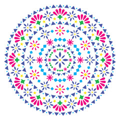 Mexican vector mandala design, folk art bohemian pattern with flowers and abstract shapes inspired by folk art from Mexico