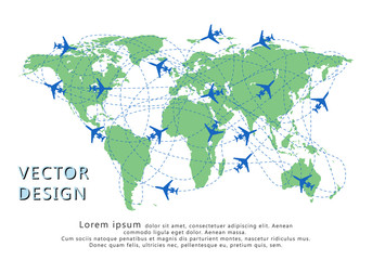 Planes silhouettes on the map with dotted route. Concept of travel, cargo transportation. Vector illustration.