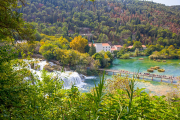 Fototapeta na wymiar Bridge at the Skradinski Buk Waterfall on the Krka River, Croatia