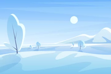 Foto op Aluminium Blauwe winterlandschap platte vectorillustratie. Schilderachtig uitzicht met besneeuwde veld en bergen onder de hemel. Zonnige koude dag. Winter buiten tafereel. Seizoensgebonden natuur achtergrond met sneeuw © lembergvector