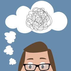 Man searching and thinking of idea through a complicated and chaotic way. Vector artwork depicts haywire, chaos, intellect, mind, and brainwork.