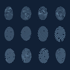Fingerprint icons. Identification or authentication symbols. Biometric human dabs signs. Flat icons 