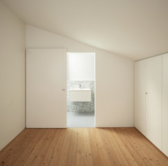 Front view of the room with an open door to the private bathroom