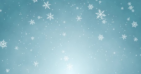 Obraz na płótnie Canvas Snowflakes and bokeh lights on the blue Merry Christmas background. 3D render