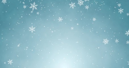 Snowflakes and bokeh lights on the blue Merry Christmas background. 3D render