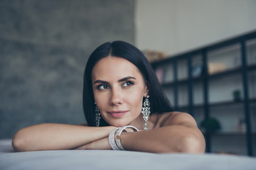 Closeup photo of amazing classy lady leaning on hands looking side dreamer waiting boyfriend...