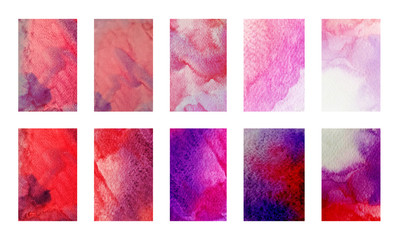 Pink watercolor textures on white for cover decor, template design and background. Color transitions from white to pink and purple. Set of 10 different colorful painted surfaces. 
