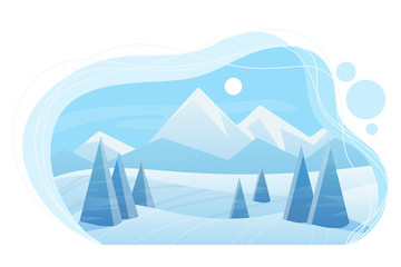 Snowy mountains and forest flat vector illustration. Blue winter landscape in cloud. Spruces in grove. Scenic nature view in cold sunny day. Seasonal background. Wintertime outdoor scene with snow