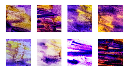 Violet watercolor textures on white for cover decor, template design and background. Color transitions from violet to purple. Set of 8 different colorful painted surfaces. 