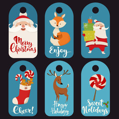 Winter sale Christmas labels with funny Christmas characters.