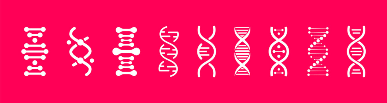 Set of DNA icons. Life gene model bio code genetics molecule medical symbols. Structure molecule, chromosome icon. Pictogram of Dna vector, genetic sign, elements and icons collection.