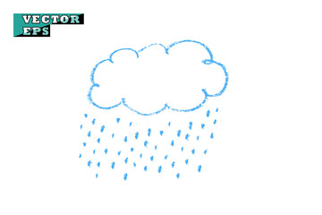 Cloud with rain, falling drops, blue hand-drawn brush. Vector cute children's drawing. Object isolated on a light background.