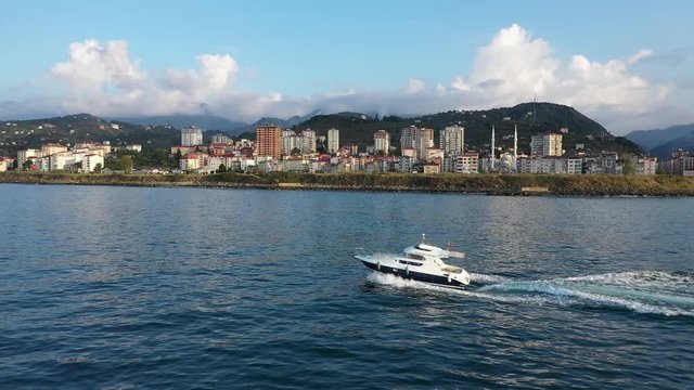 Trabzon City Mountains Sea and Following Speed Boat Aerial View 5