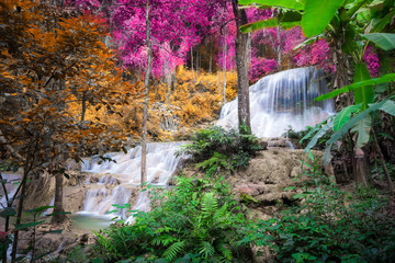 Amazing waterfall at colorful autumn forest